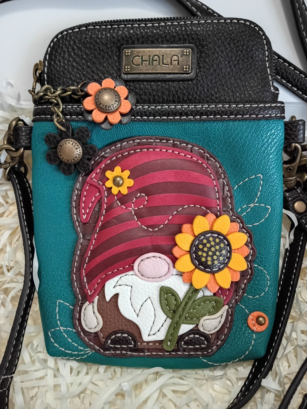 Chala Nwot Teal Crossbody with Pink Striped Gnome and Yellow Sunflower Appliqué